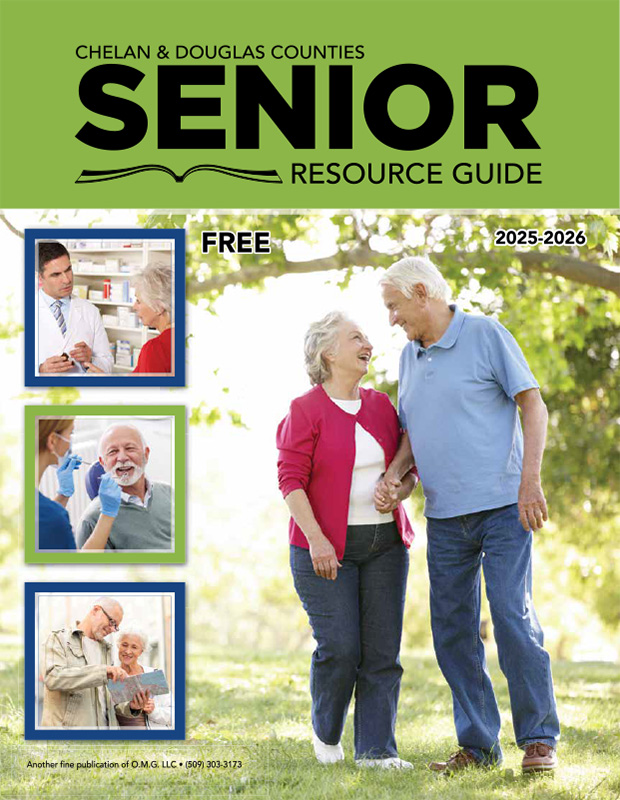 Cover of the Chelan & Douglas Counties Senior Resource Guide (2025–2026), labeled free, featuring a smiling older couple sitting together with three small healthcare-themed photos along the left side and a sponsor ad at the bottom.
