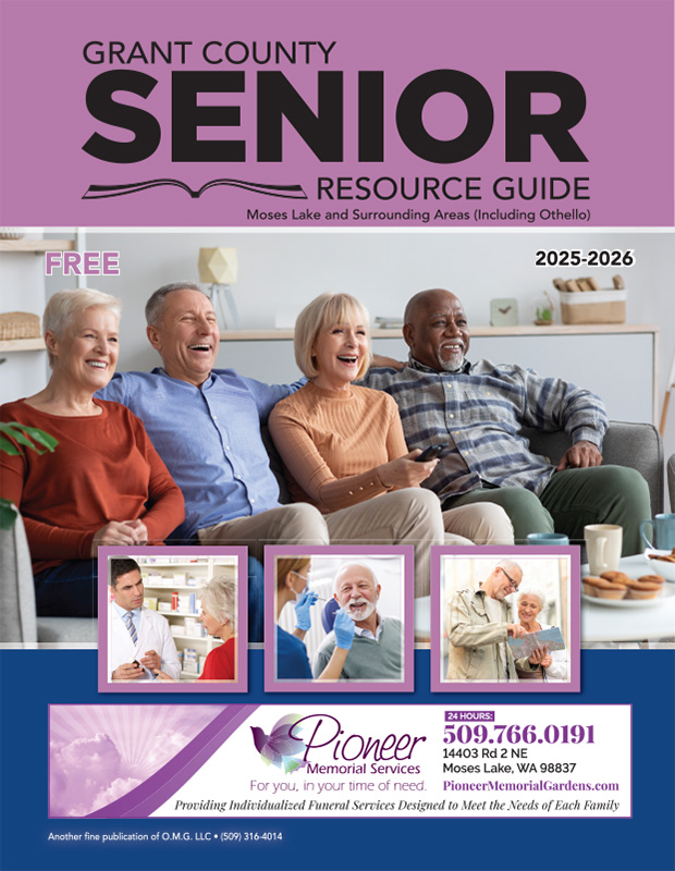 Cover of the Grant County Senior Resource Guide (2025–2026), labeled free, featuring a smiling older couple sitting together with three small healthcare-themed photos along the left side and a sponsor ad at the bottom.