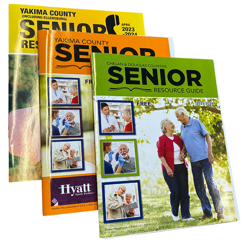 Stack of Senior Resource Guide booklets for Washington counties, including Yakima County and Chelan & Douglas Counties editions, shown with colorful covers.
