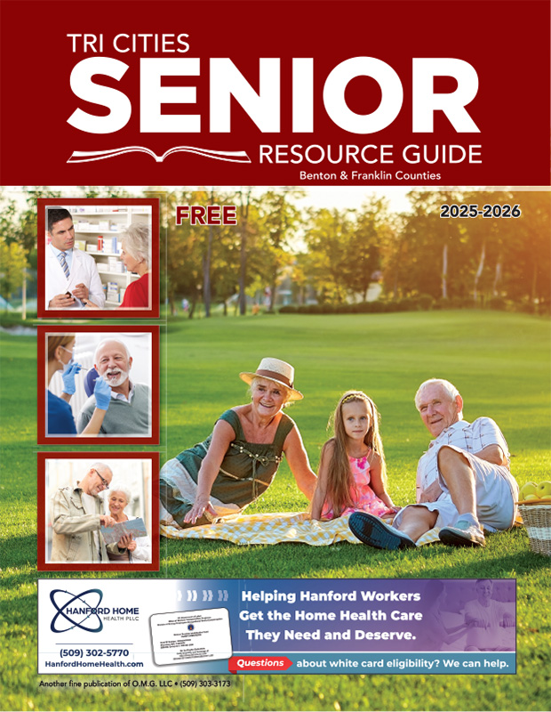 Cover of the Tri Cities Senior Resource Guide (2025–2026), labeled free, featuring a smiling older couple sitting together with three small healthcare-themed photos along the left side and a sponsor ad at the bottom.