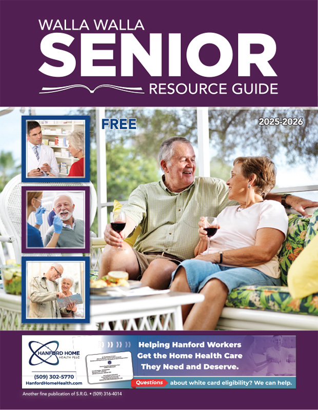 Cover of the Walla Walla Senior Resource Guide (2025–2026), labeled free, featuring a smiling older couple sitting together with three small healthcare-themed photos along the left side and a sponsor ad at the bottom.