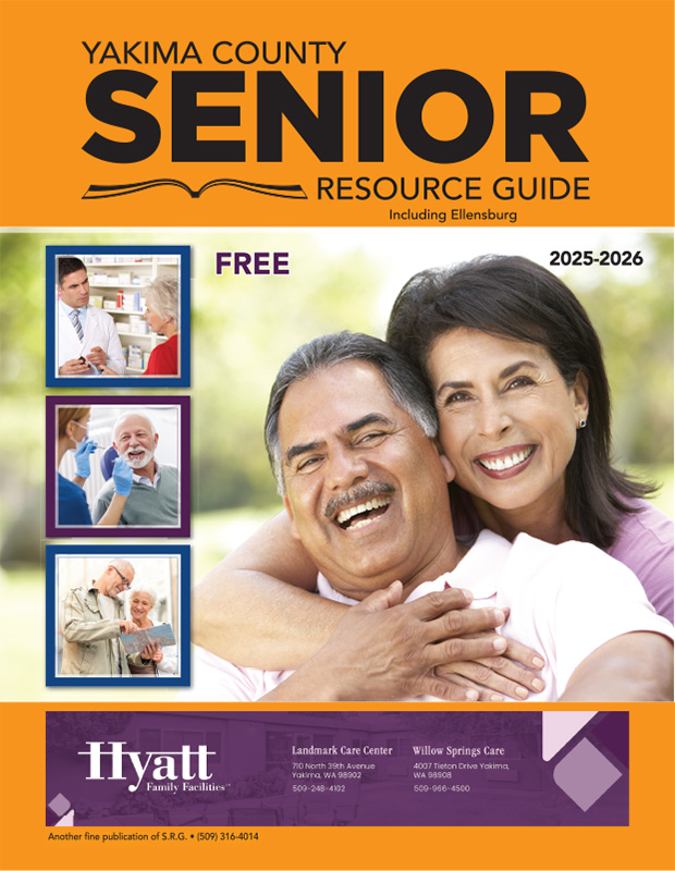 Cover of the Yakima Senior Resource Guide (2025–2026), labeled free, featuring a smiling older couple sitting together with three small healthcare-themed photos along the left side and a sponsor ad at the bottom.